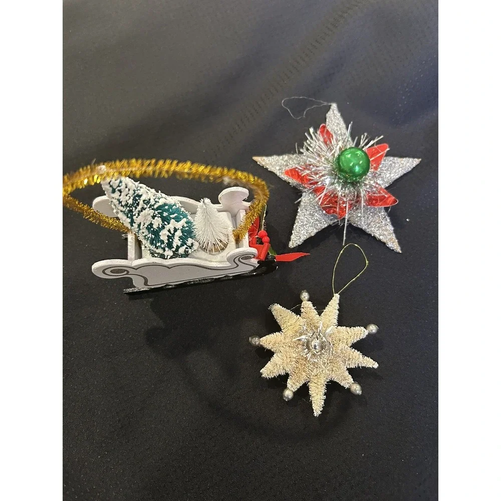 Vtg Christmas Ornaments Lot of 3 Mini Sled w Bottle Brush Trees + 2 Star Shapes